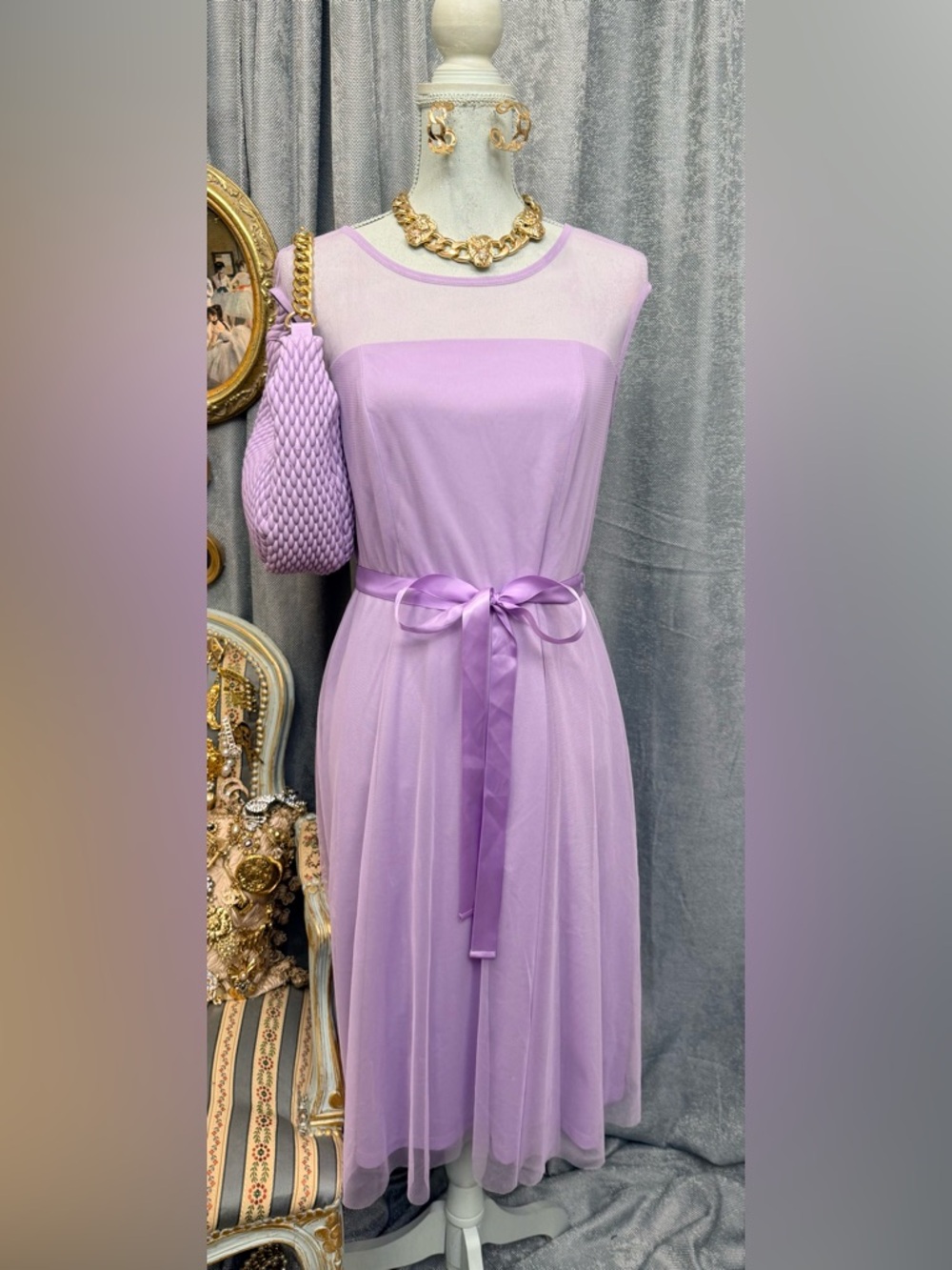 Lilac Sleeveless Midi Dress with Satin Waist Tie and Bag